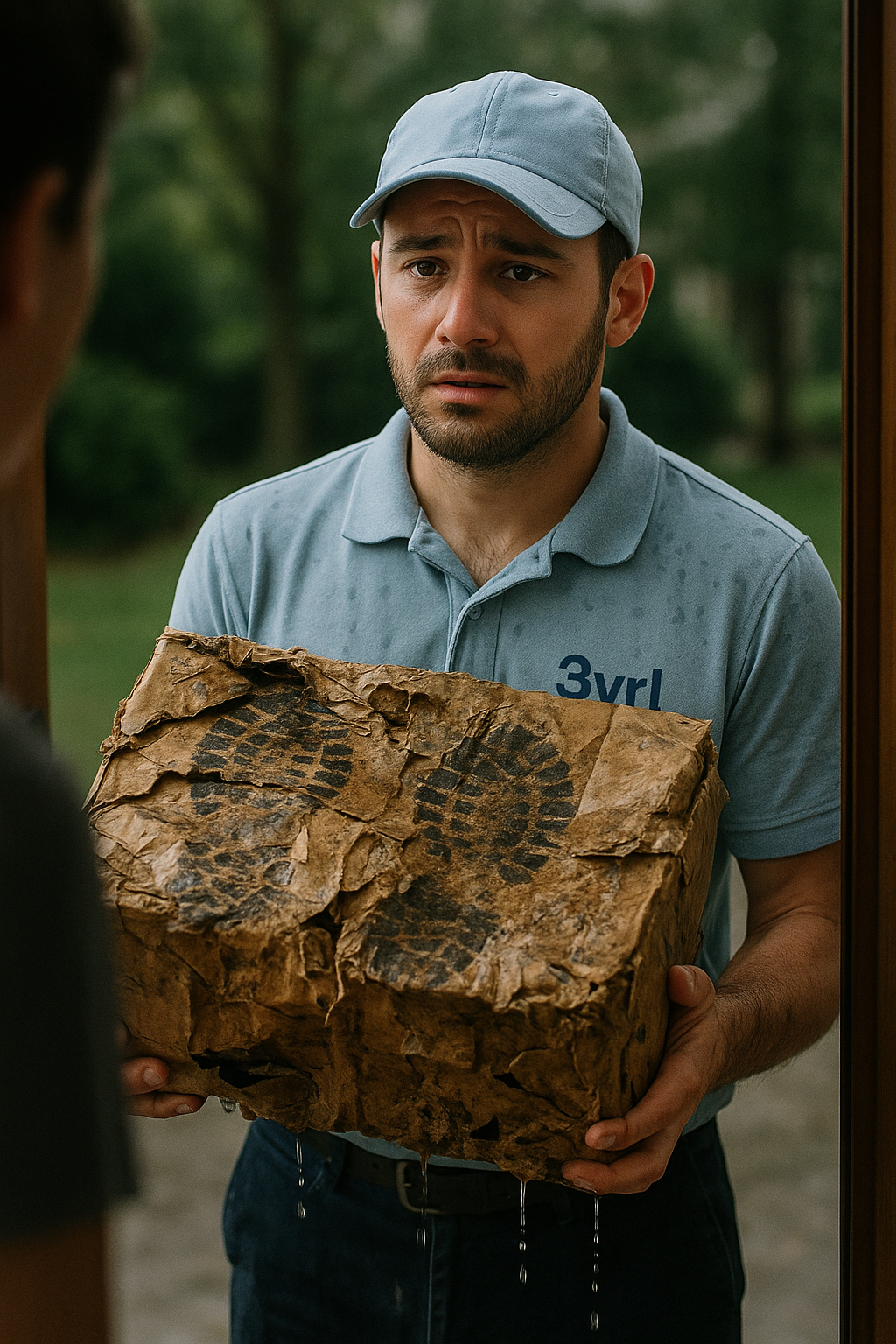 Parcel on a doorstep with visible creases, scuffs and damp marks